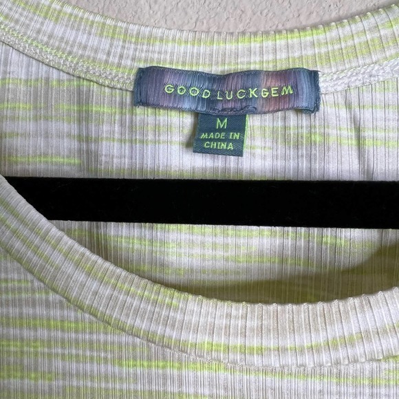 Good Luck Gem Striped Puff Sleeve Top Ribbed Knit Tee Chartreuse White M - Picture 2 of 10